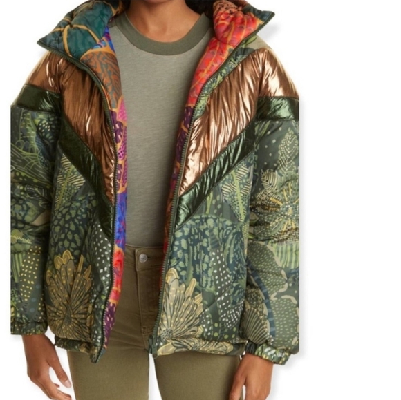 FARM RIO Cool Green Leopard Reversible Puffer Jacket Size Large NWT - Picture 7 of 13